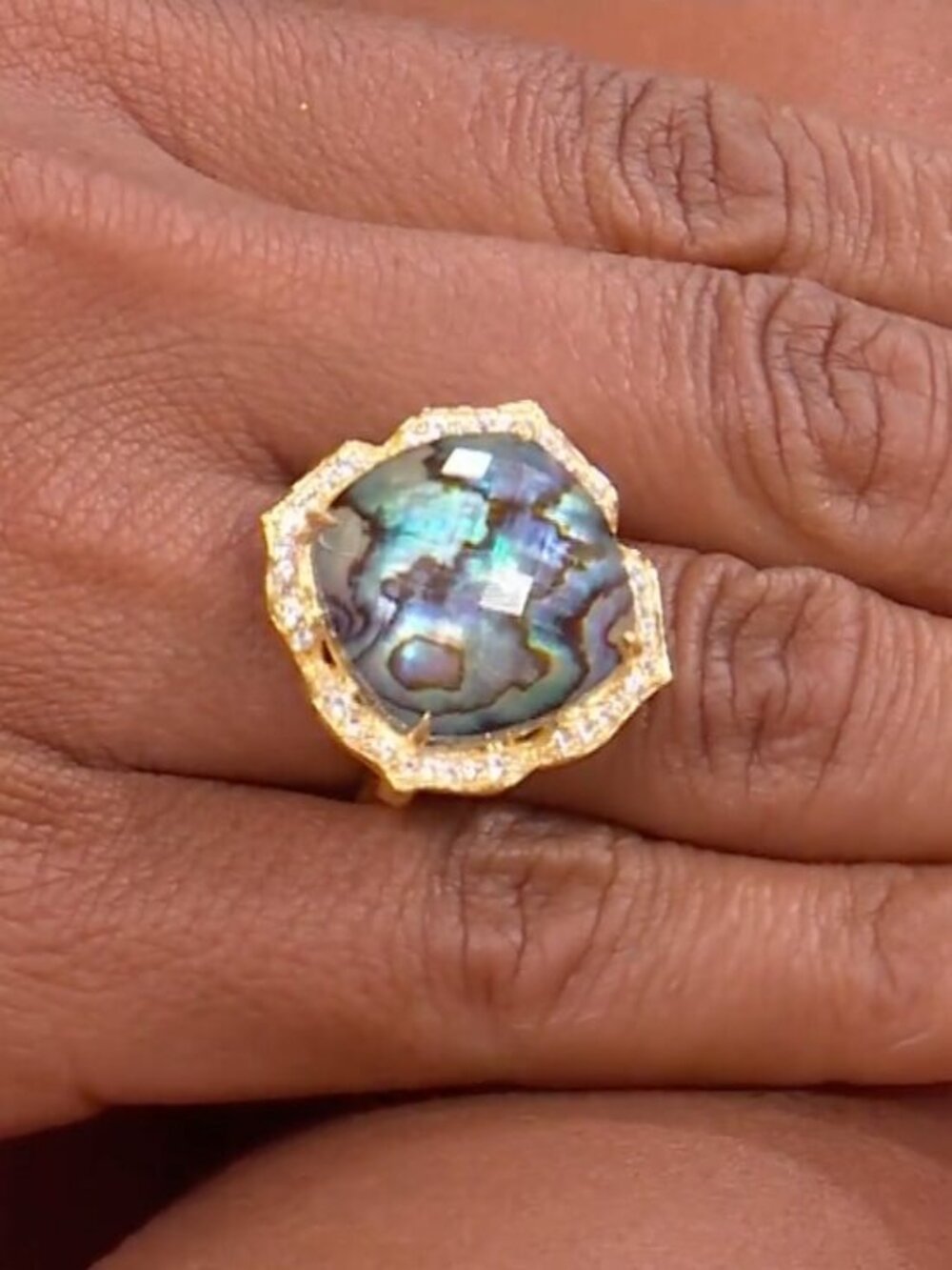Rarities Carol Brodie Gold Plated Cushion Cut Abalone Doublet Ring 7 NWT